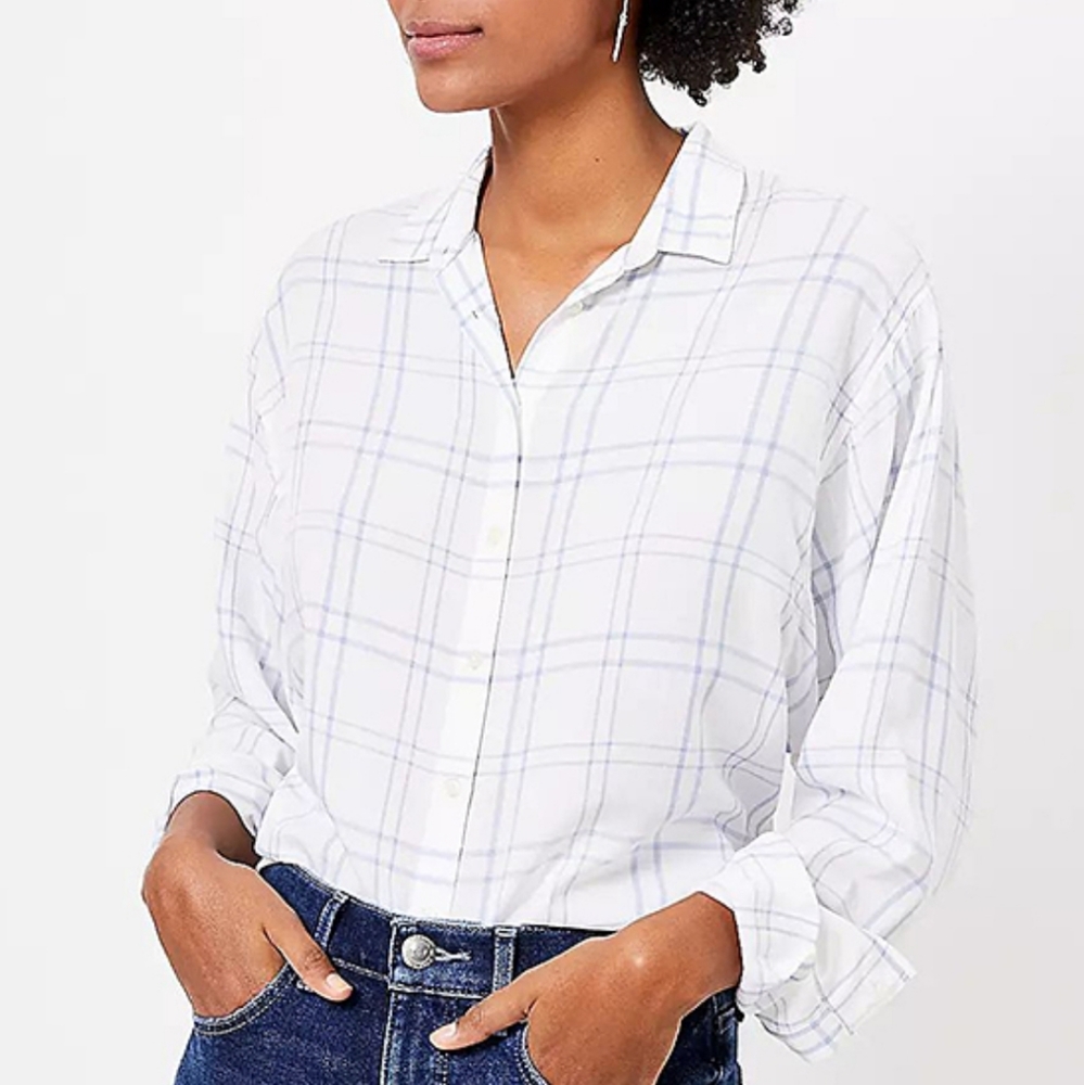 Loft Women's windowpane plaid blue white batwing button down blouse shirt modest